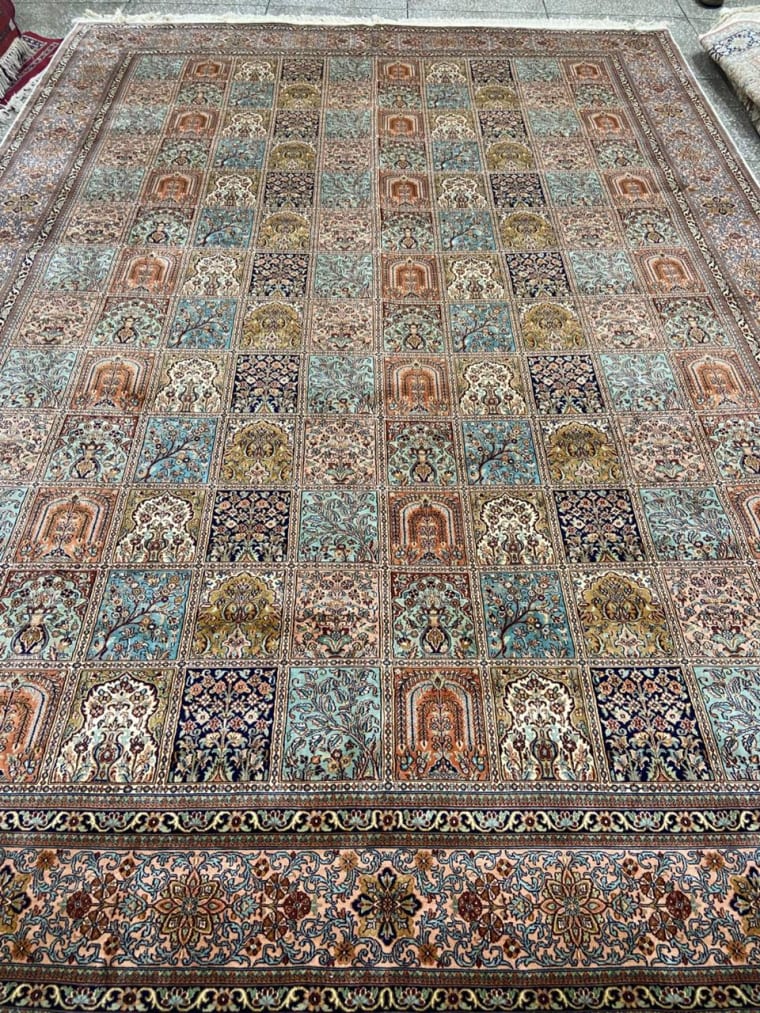 Pastel Panel Garden Carpet, handmade Kashmiri carpet