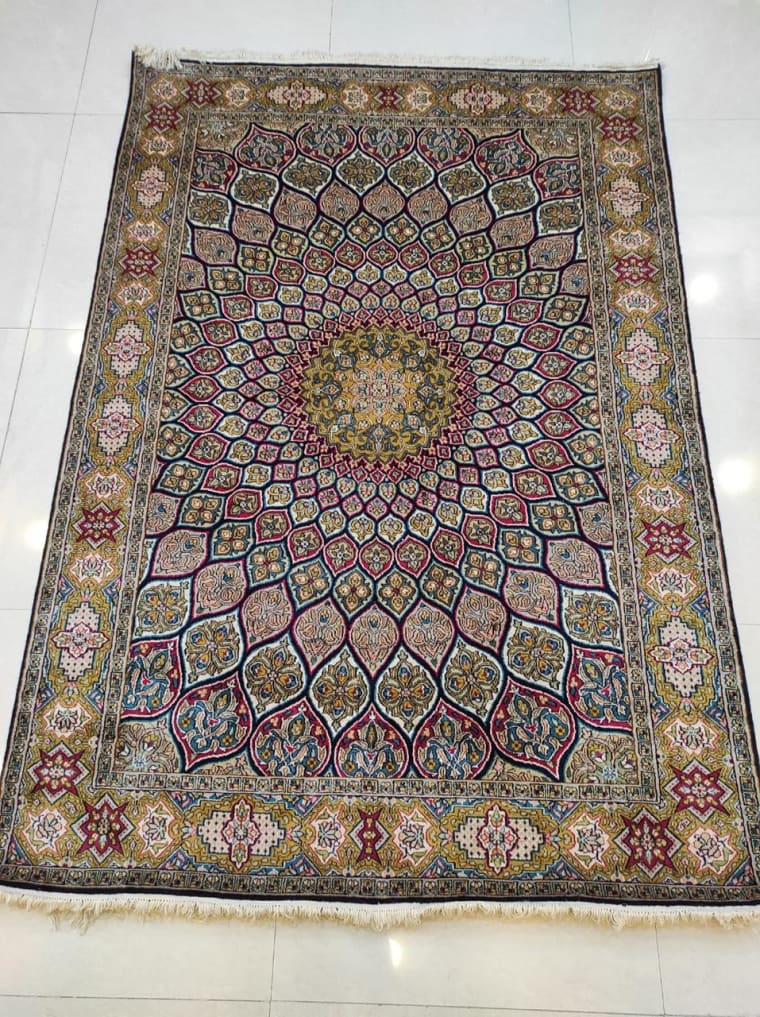 Sage Honeycomb Medallion Carpet, handmade Kashmiri carpet