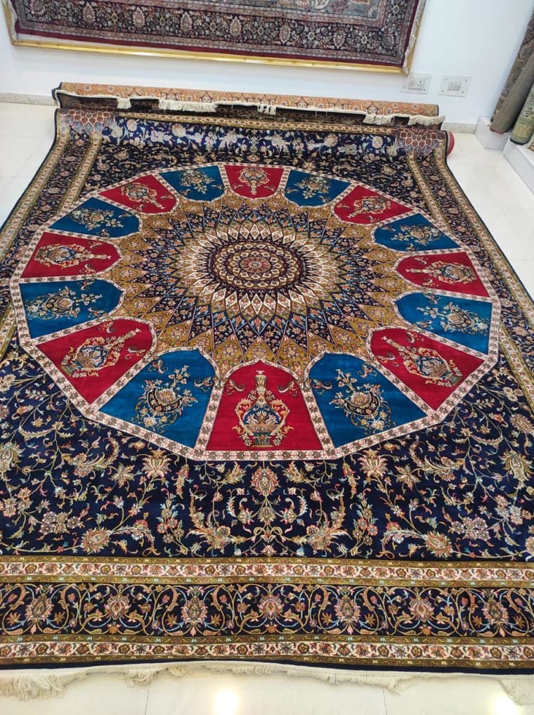 Navy Circular Garden Carpet, handmade Kashmiri carpet
