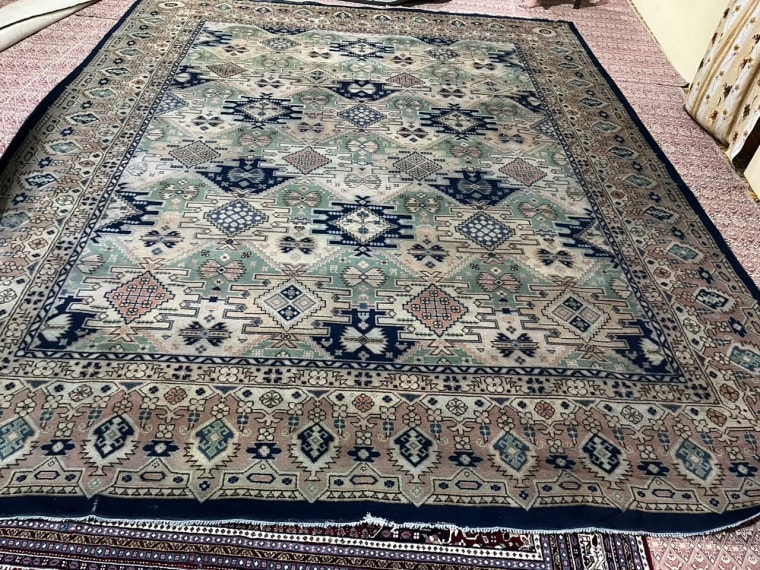 Seafoam Geometric Garden Carpet, handmade Kashmiri carpet