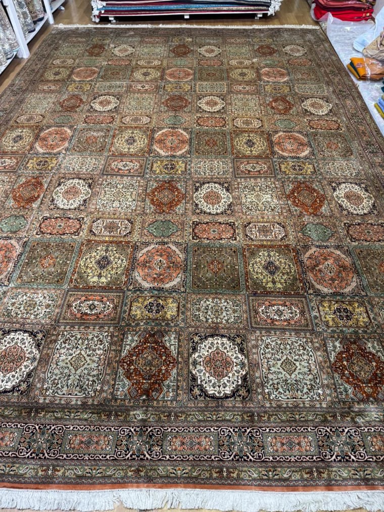 Walnut Mosaic Garden Carpet, handmade Kashmiri carpet