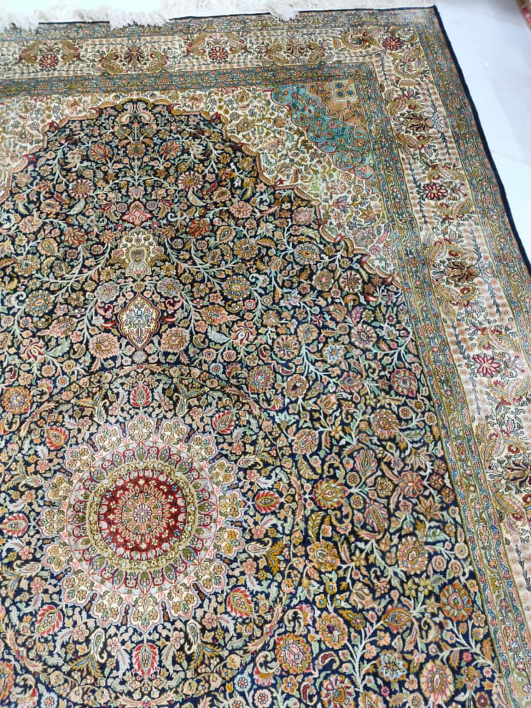 Midnight Floral Court Medallion Carpet, handmade Kashmiri carpet
