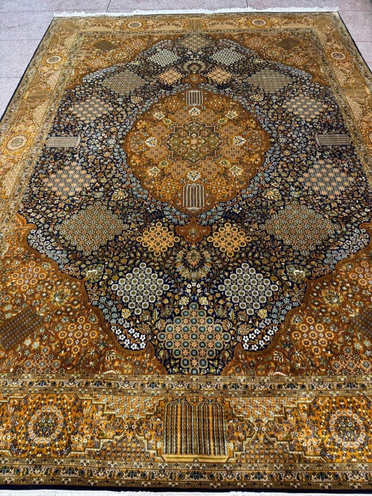 Gold Charcoal Crown Medallion Carpet, handmade Kashmiri carpet