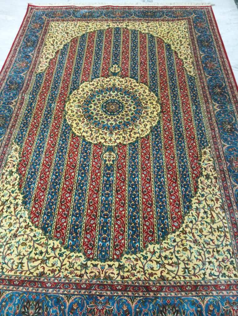 Striped Ruby Rosette Carpet, handmade Kashmiri carpet