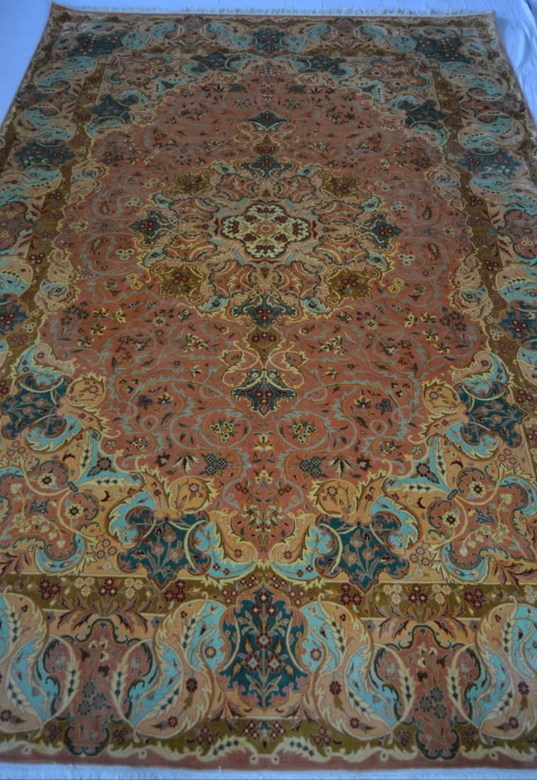 Peach Charcoal Palace Medallion Carpet, handmade Kashmiri carpet