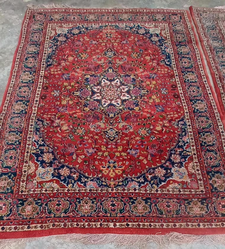 Ruby Sapphire Rosette Carpet, handmade Kashmiri carpet