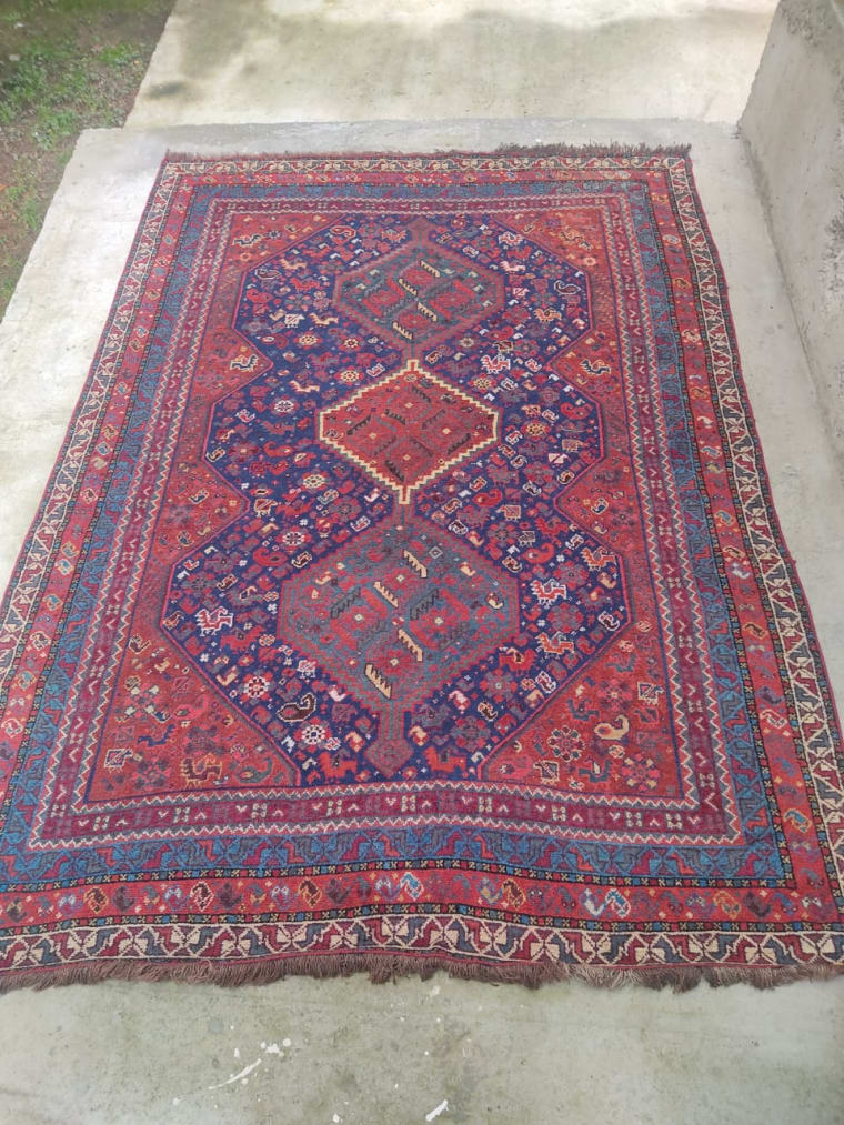 Crimson Tribal Diamond Carpet, handmade Kashmiri carpet