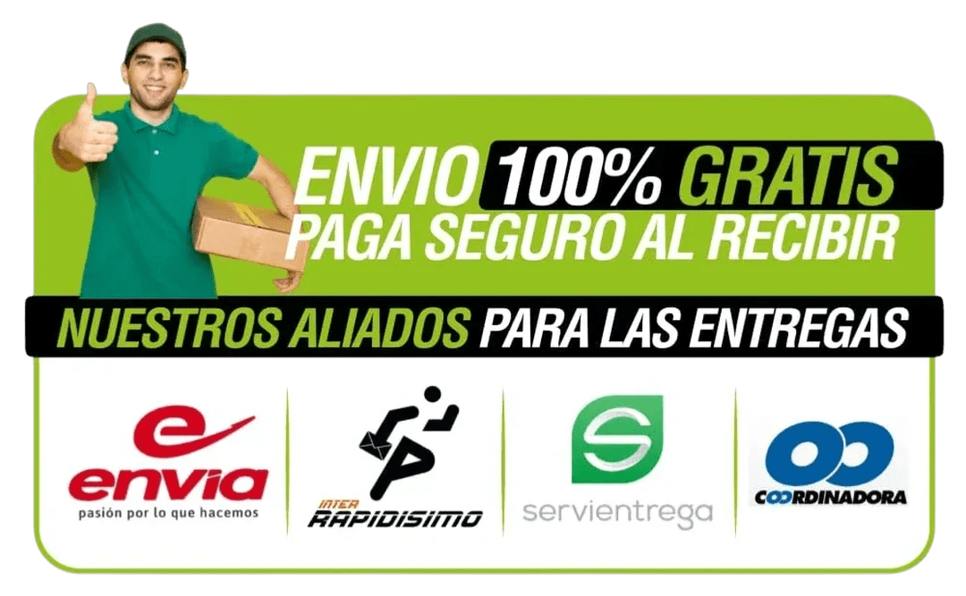 Envío 100% gratis · Paga seguro al recibir · Nuestros aliados de entrega