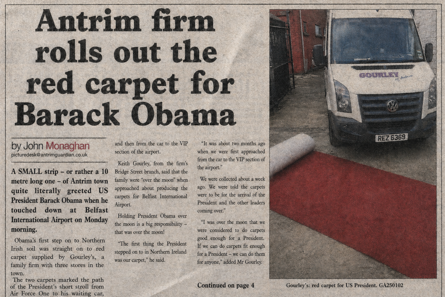 News cutting — Gourley's of Antrim laid the red carpet for President Barack Obama's arrival in Northern Ireland