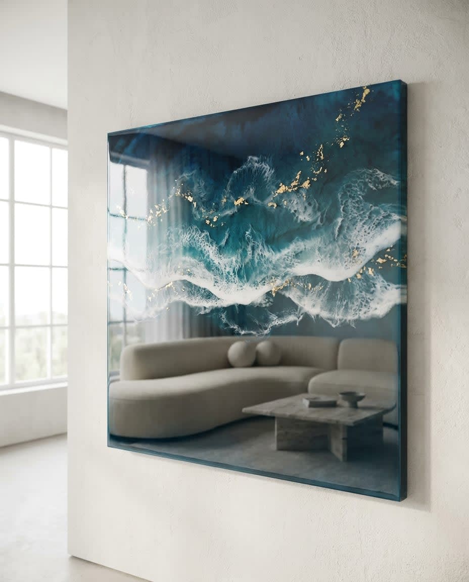 Ocean-blue resin wall art poured by hand in the ResinRiva studio