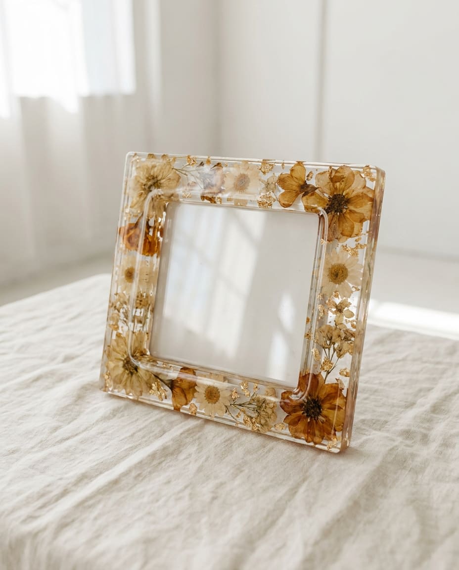 A preserved-flower resin frame handcrafted in the ResinRiva studio
