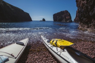 Kayaks on beach, South Papa Stour
