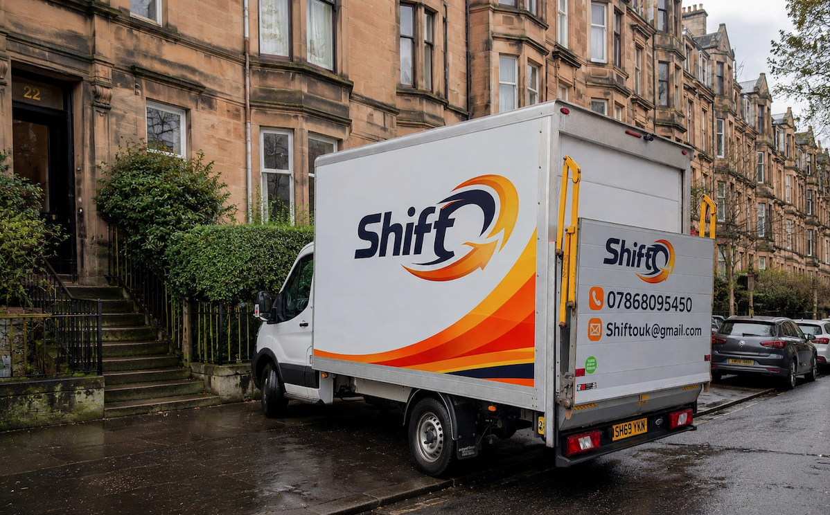 Shifto removals van parked outside a traditional Glasgow tenement, providing professional house moving and relocation services across Glasgow.