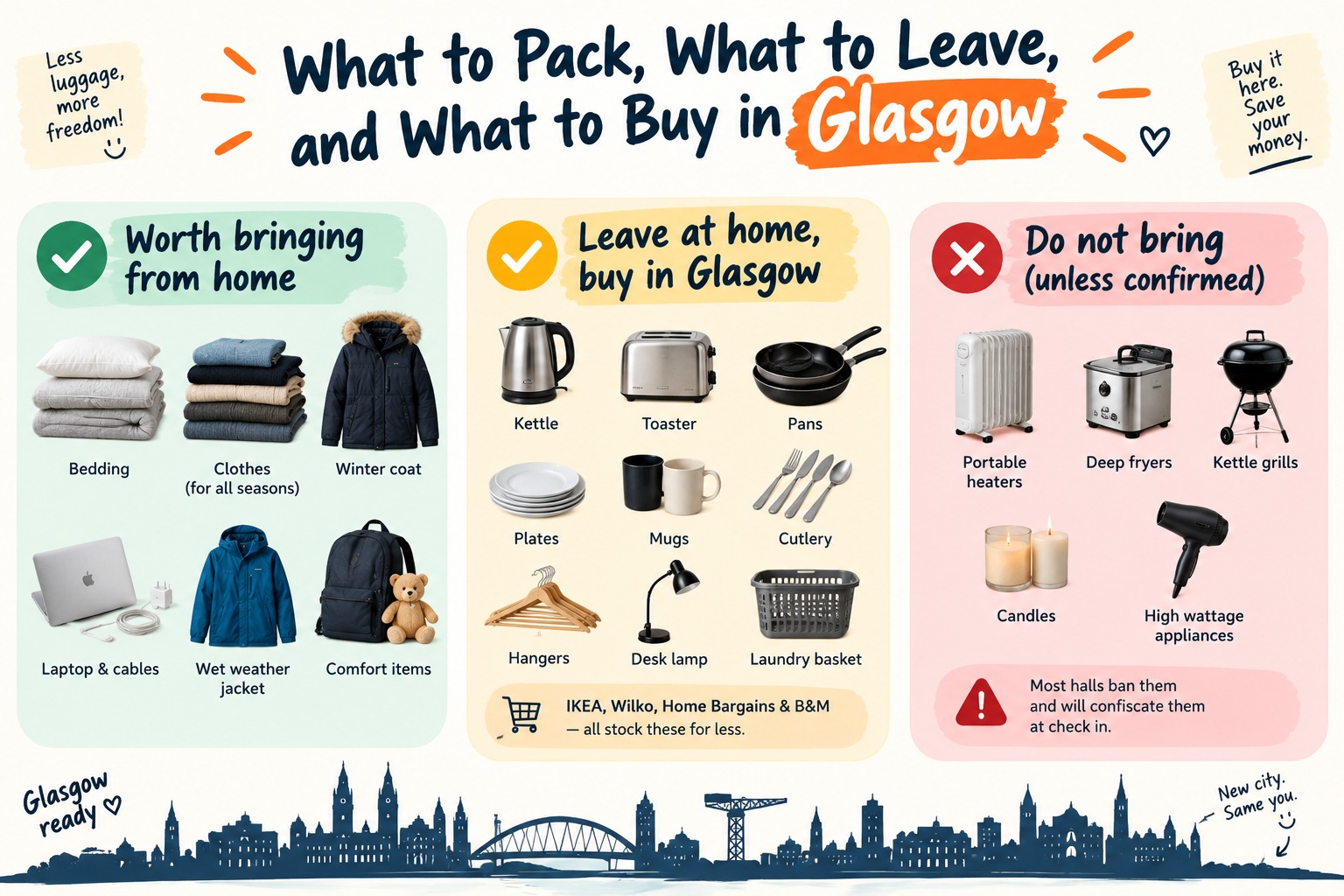 Glasgow student packing guide infographic showing what to bring from home, what to buy in Glasgow, and banned items in student accommodation