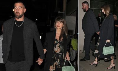 Taylor Swift holds hands with her fiancé Travis Kelce as they attend Poppy Delevingne's star-studded 40th birthday bash