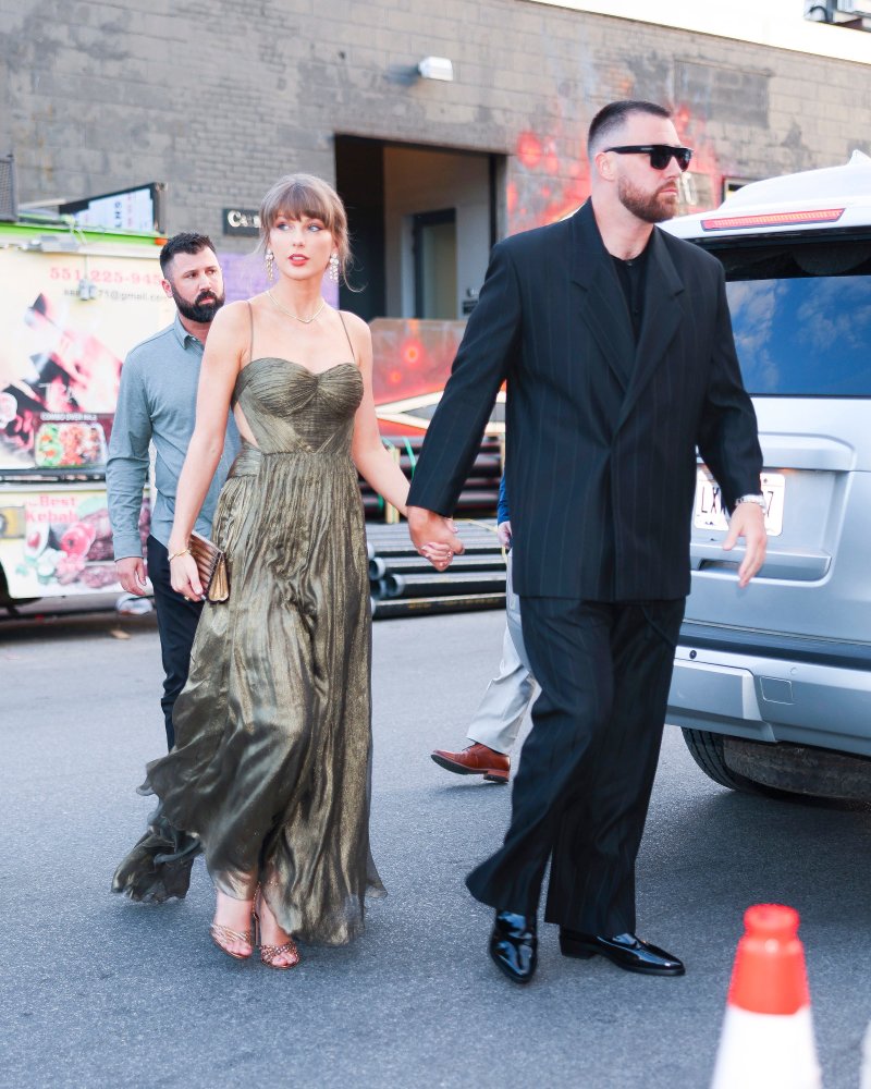 Taylor Swift Wears Travis Kelce’s Blazer Over Bronze Cutout Gown in NYC