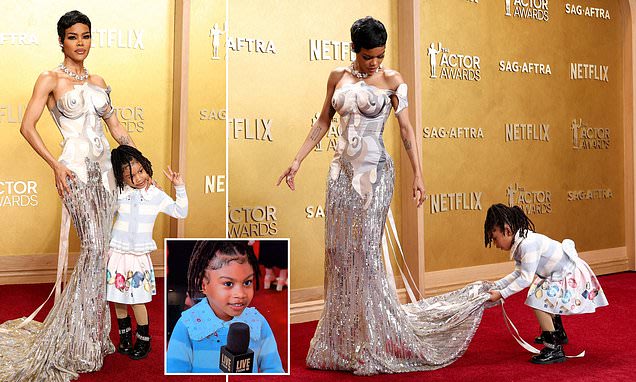 Teyana Taylor's daughter Rue, five, steals show at 2026 Actor Awards as she fixes mom's gown on red carpet