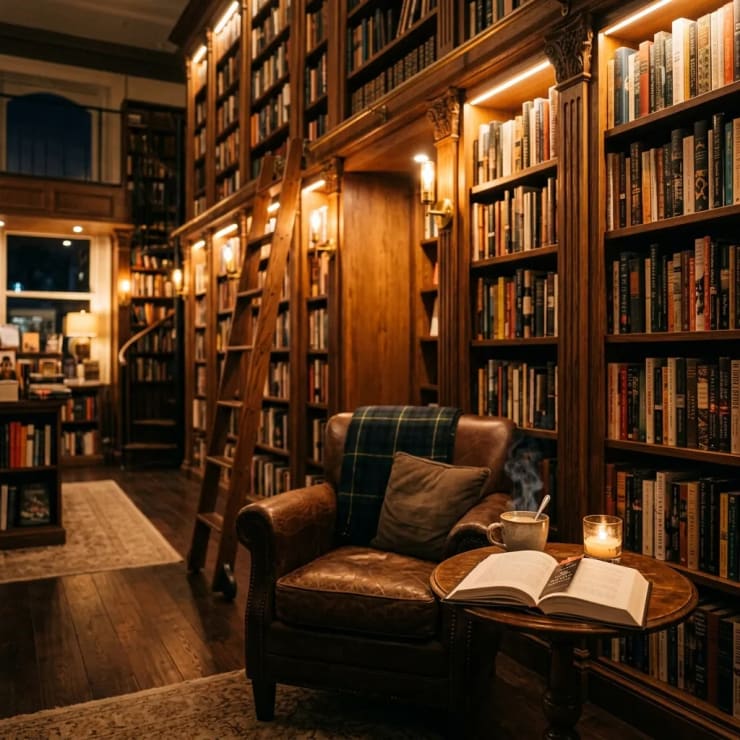 Elegant dark bookstore interior