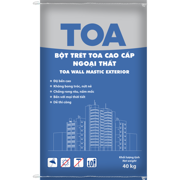 Bao bì tham khảo Bột trét ngoại thất cao cấp Toa Wall Mastic — ảnh đối tác Paintmart; không xác nhận mọi quy cách