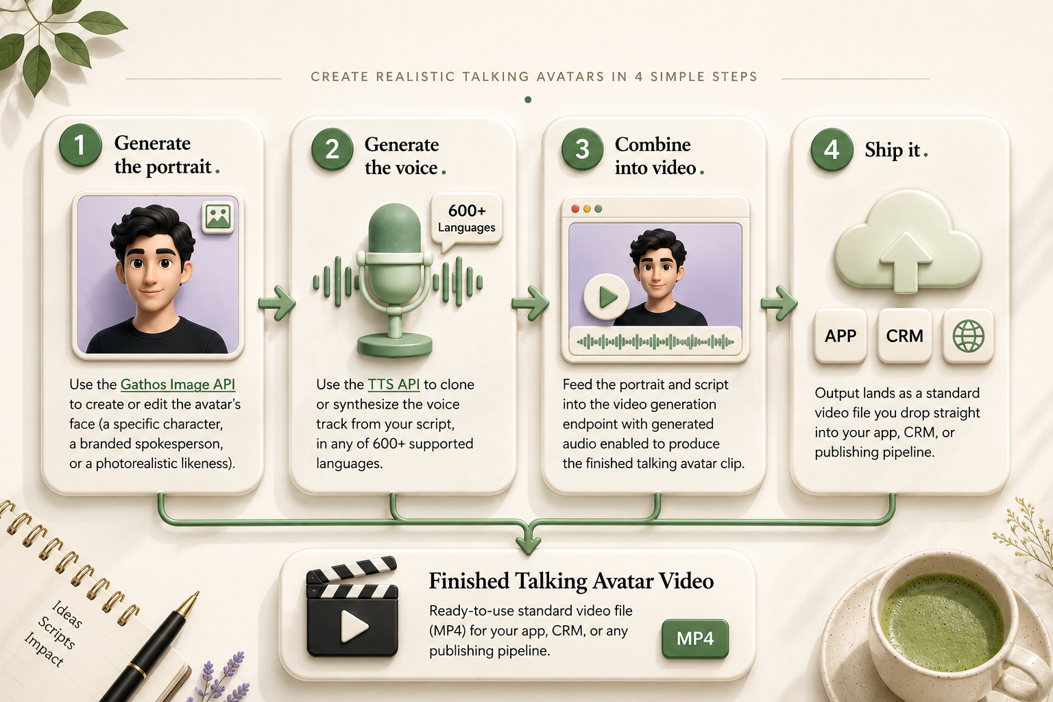 Four step Gathos AI avatar pipeline: generate the portrait with the Image API, generate the voice with the TTS API, combine into video with generated audio, then ship the finished clip