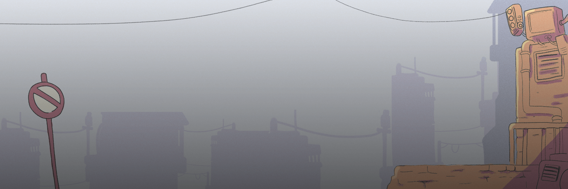 Dystopian cityscape with fog and mechanical structures