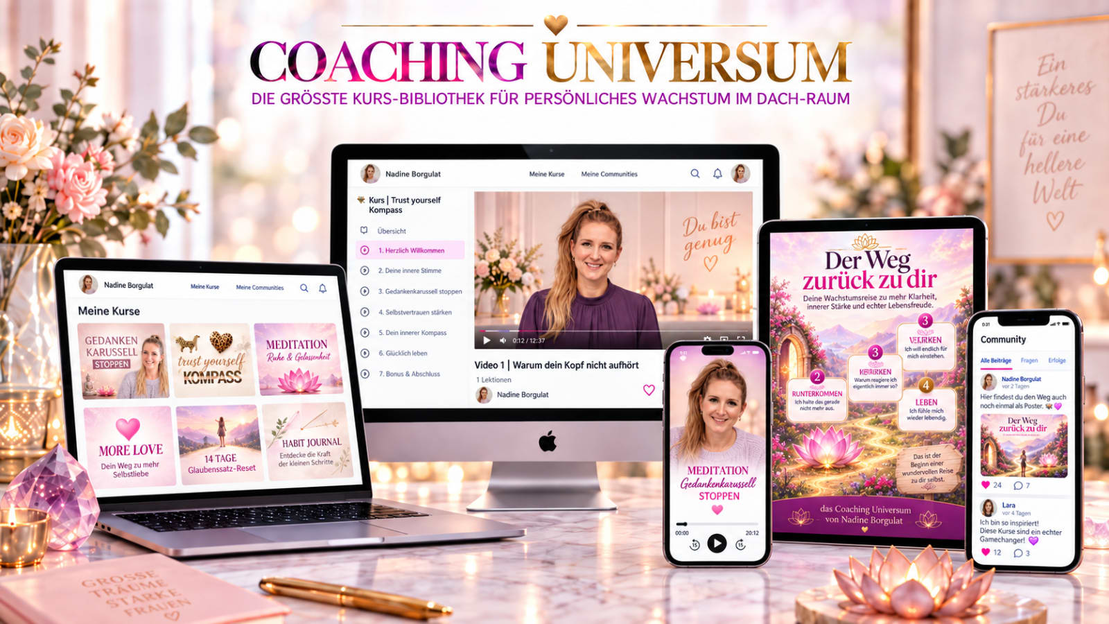 Das Coaching Universum: über 20 Online-Kurse, Fahrplan und Community auf allen Geräten