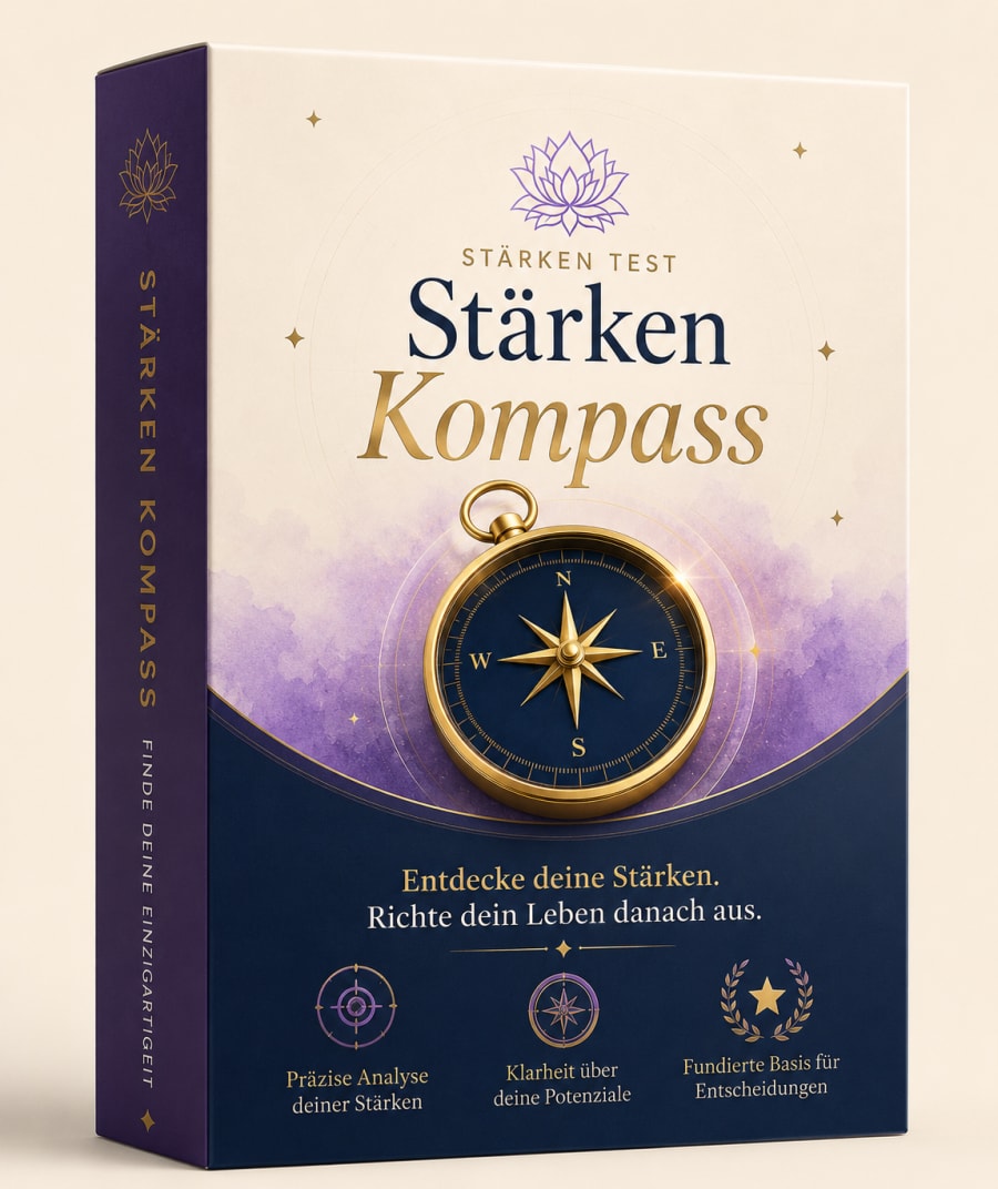 Stärken Kompass — edle Produkt-Box mit goldenem Kompass und lila Akzent