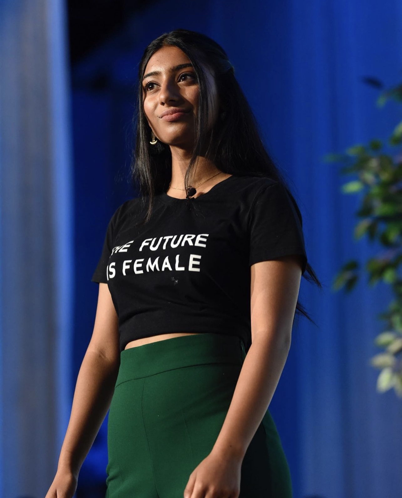 kavita rai in a t-shirt that reads "the future is female"