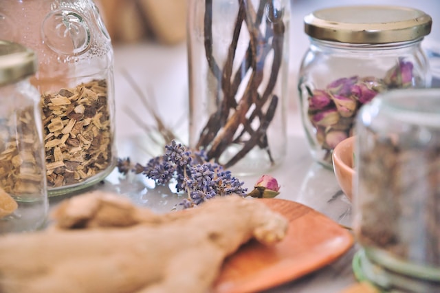 jars of dried herbs and flowers