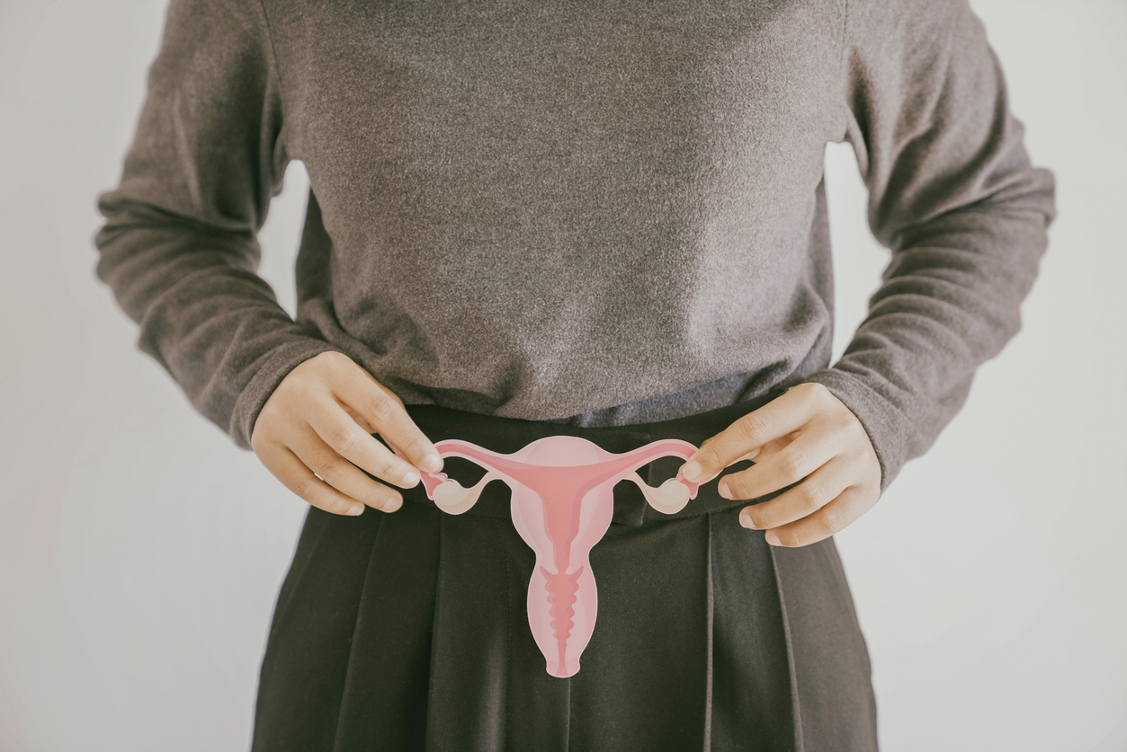 woman holding a graphic of the female reproductive system on her lower abdomen