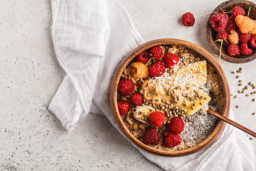 chia seed bowl with rasberries and hemp seeds