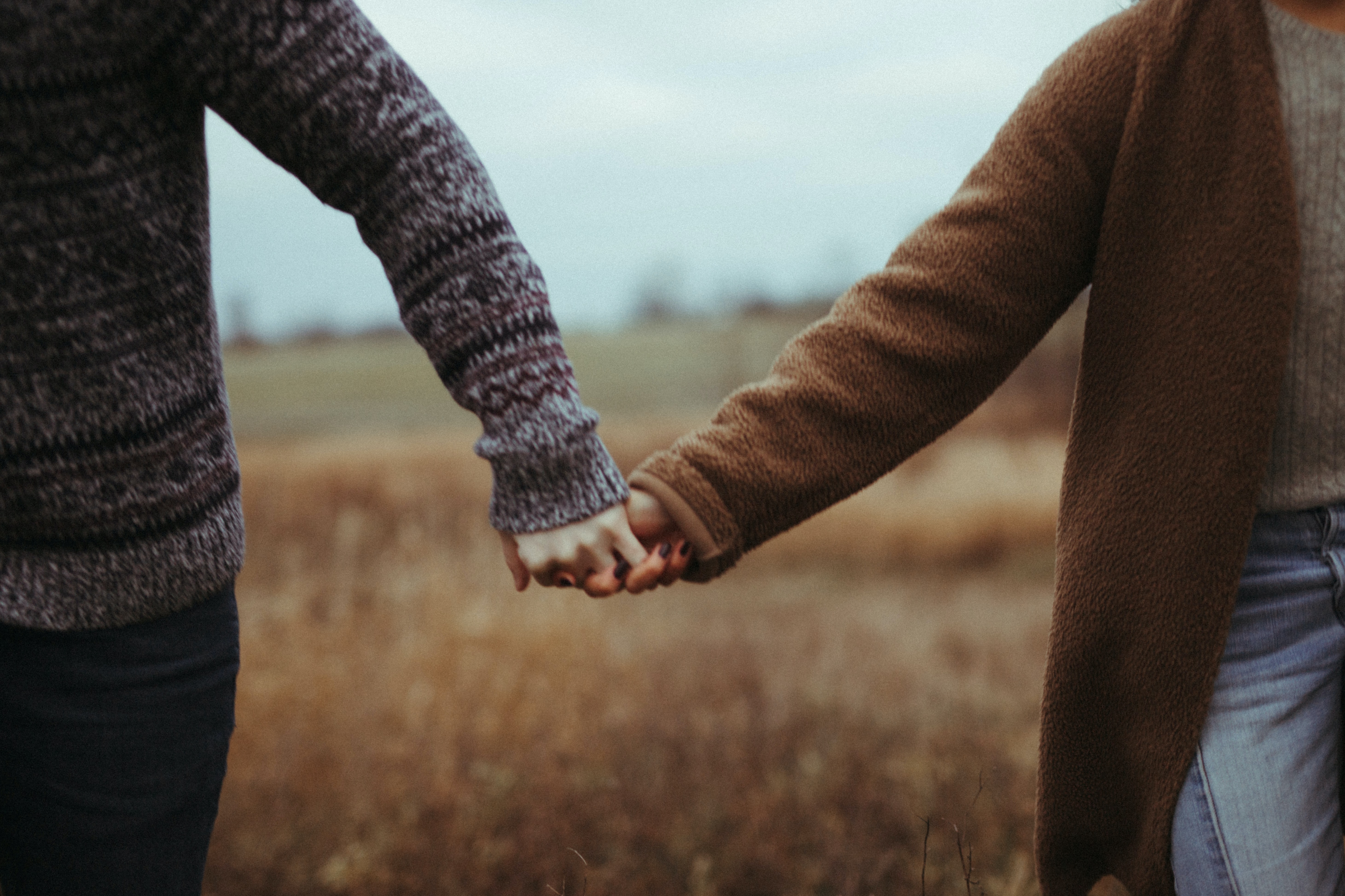 couple holding hands in a field