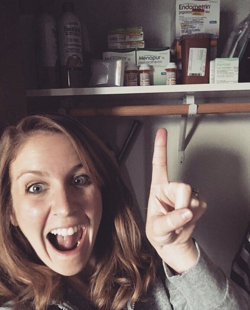 fertility-challenged EL teacher Makenzie Brinkman pointing to her closet full of fertility medications