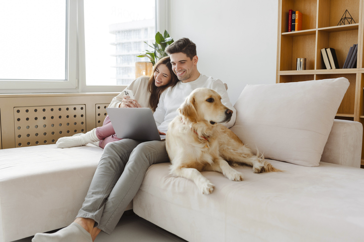 happy couple with golden retriever on the sofa