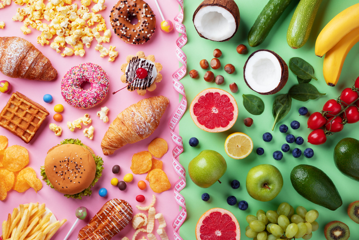 measuring tape dividing junk foods and healthy foods