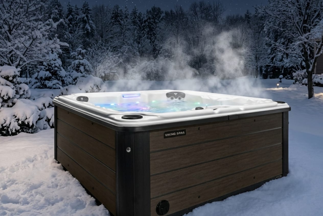 Viking Spas Regal P+ plug and play hot tub running in Canadian winter snow — CEC-certified Arctic Insulation