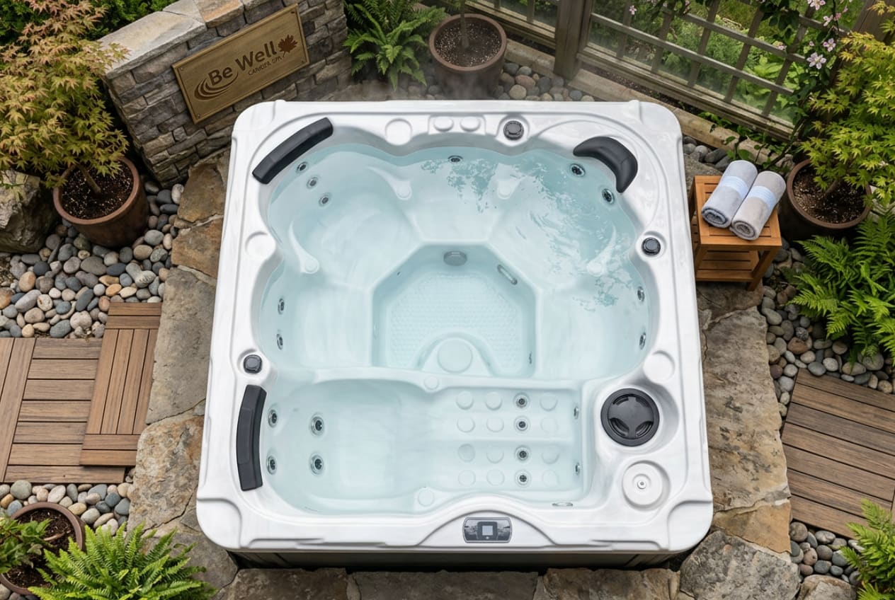 Be Well Spas 905 plug and play hot tub connected to standard 120V outlet — no electrician needed