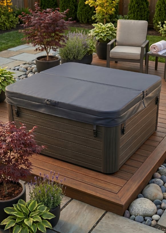 Be Well Spas 905 outdoor spa tub with custom insulated cover — weather-resistant and heat-retaining