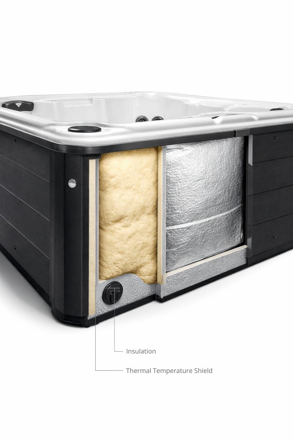 Arctic Insulation layers inside Viking Spas Royale hot tub — shell foam and cabinet temperature shield