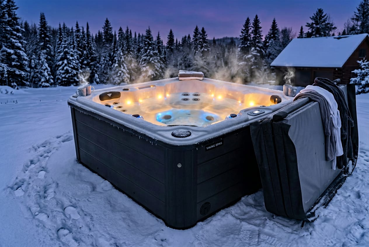 Viking Spas Royale 6-person hot tub with 31 stainless steel jets — couple soaking at dusk