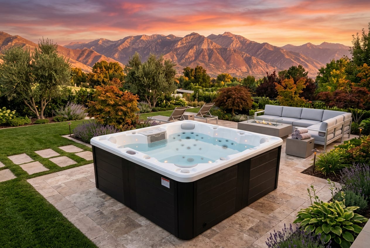 Plug and play hot tub on backyard deck at dusk — best hot tubs for home with no installation required