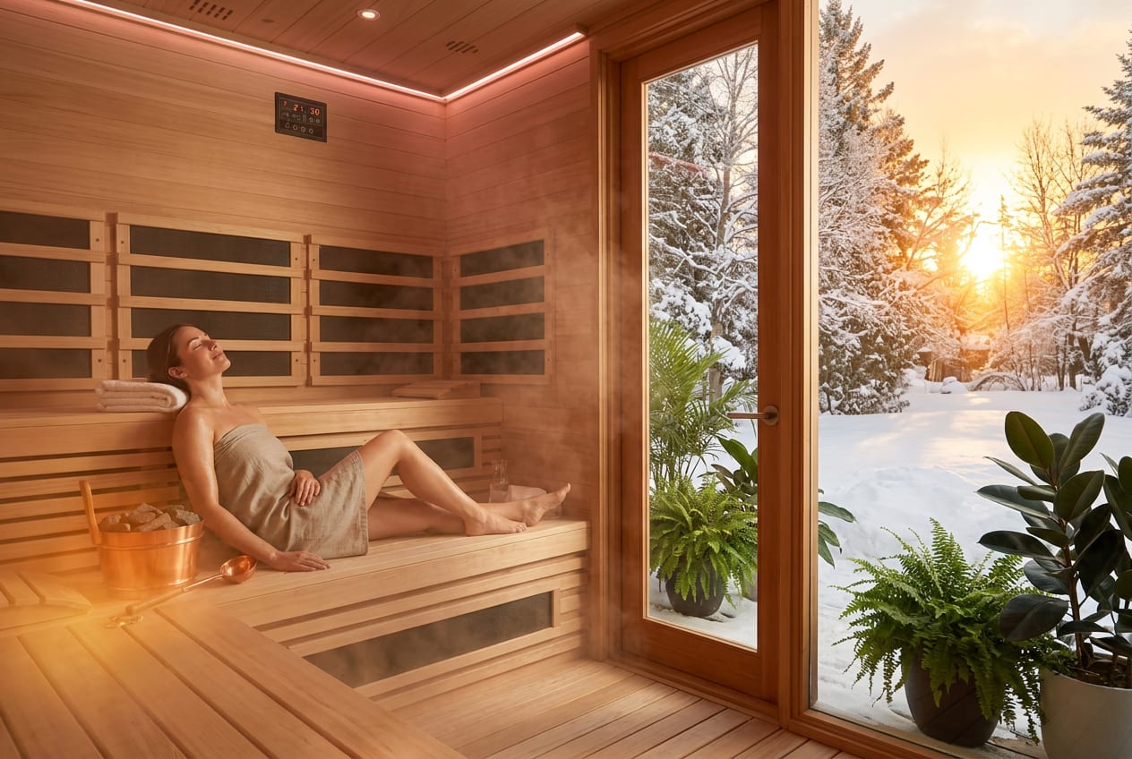 Premium home infrared sauna with cedar interior and full-spectrum heaters glowing amber in a modern
Canadian home