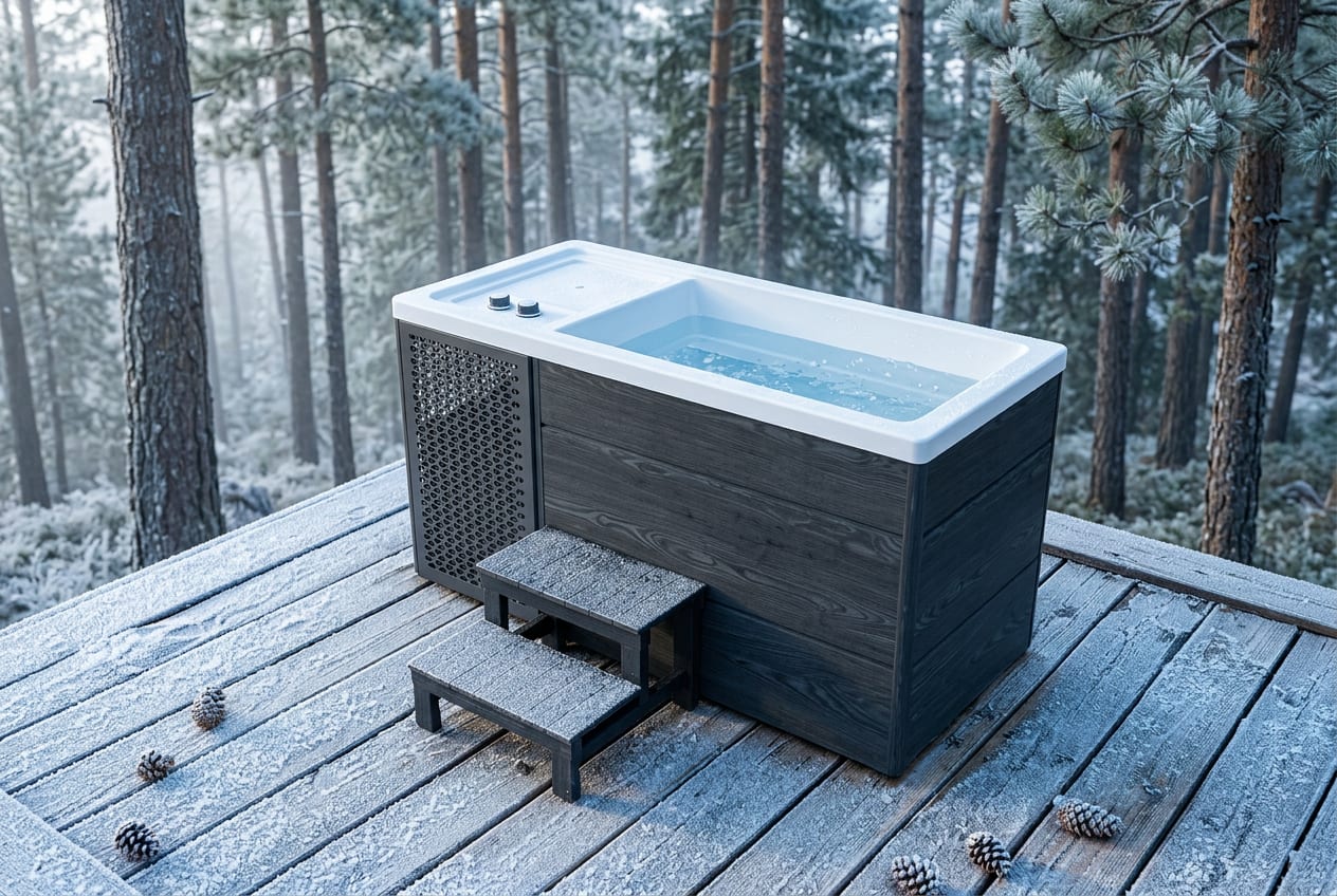 Outdoor cold plunge tub on timber deck surrounded by pine trees in crisp morning light