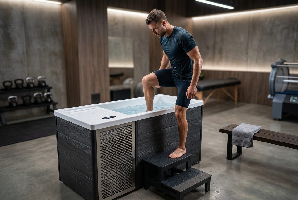 Athlete stepping into cold therapy tub in a premium home gym recovery room