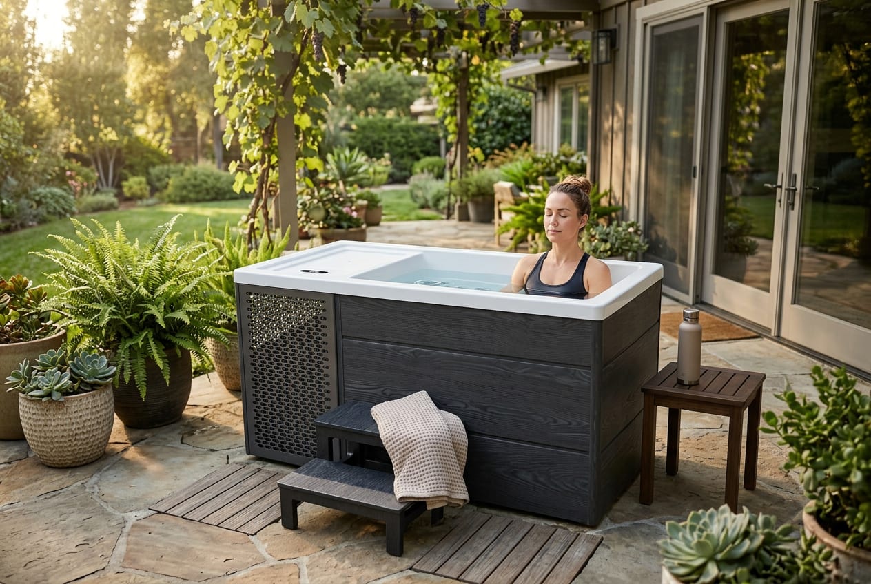 Person relaxing eyes closed in a home cold plunge unit in a stylish residential setting