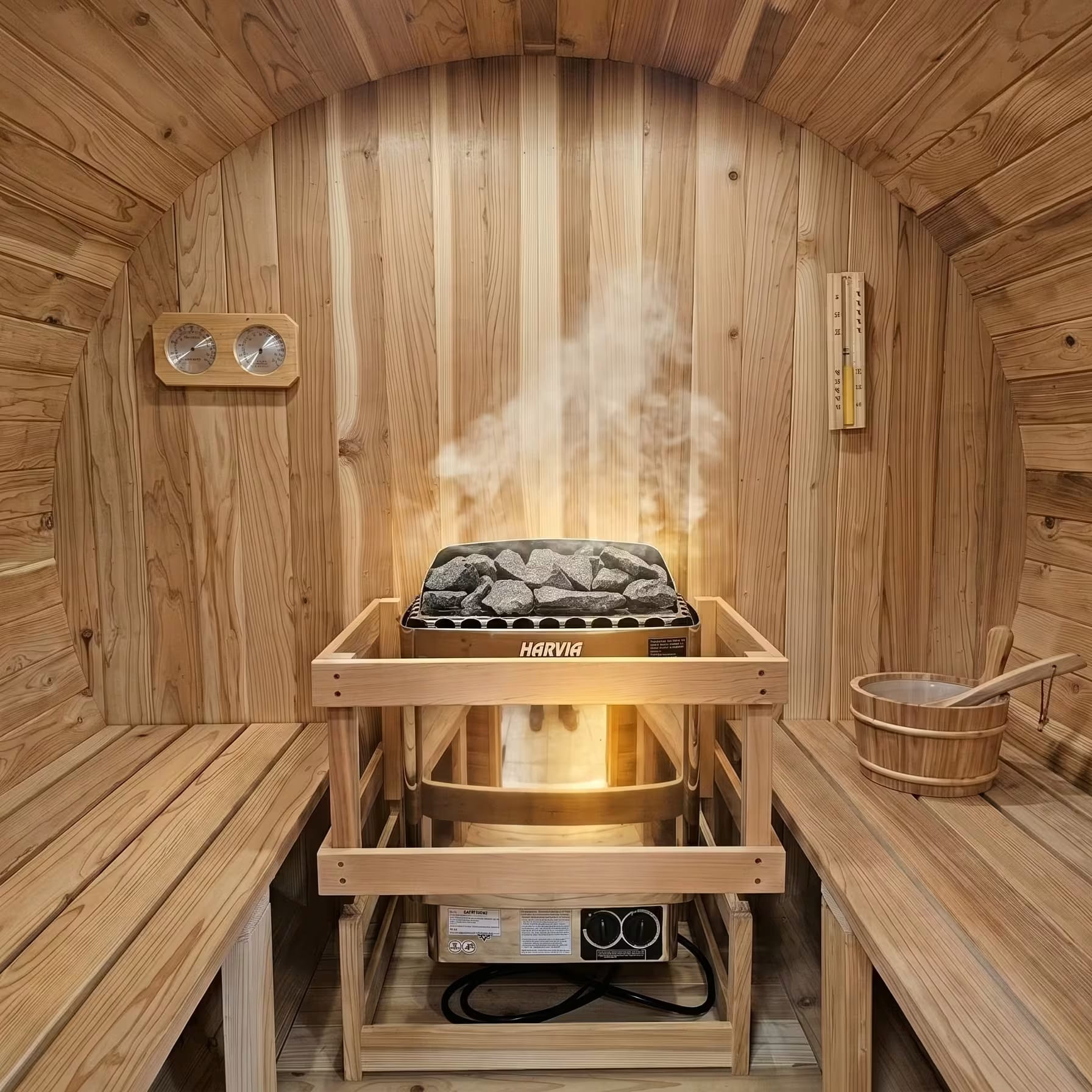 Cedar Heritage cedar barrel sauna in an Eastern Ontario backyard