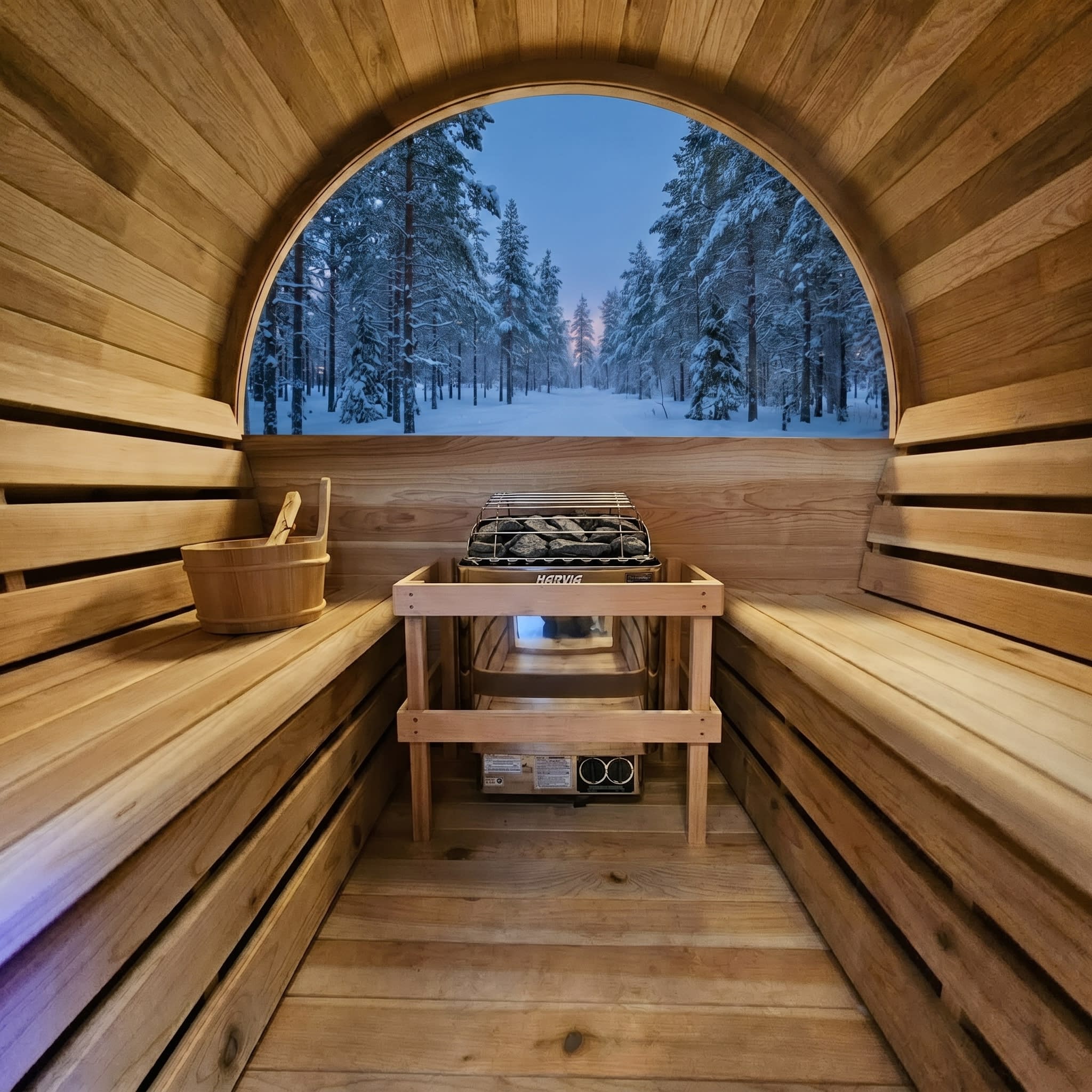 Outdoor barrel sauna with panoramic glass window and LED lighting