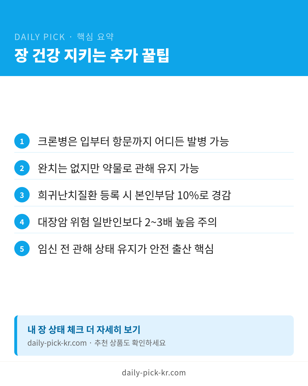 복통·설사 3개월 넘었다면 염증성 장질환 의심…4년 새 31.5% 급증 카드뉴스 6페이지 - 핵심 요약 및 CTA