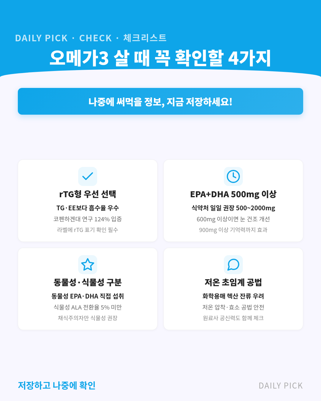 오메가3 고르는 법, 알티지·식물성 차이와 함량 기준 카드뉴스 2페이지 - 핵심 정보 요약