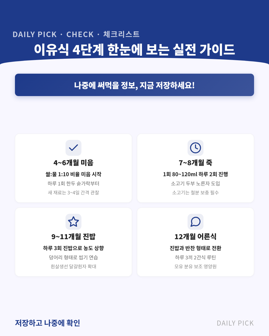 이유식 시작 시기와 단계별 가이드 카드뉴스 2페이지 - 핵심 정보 요약